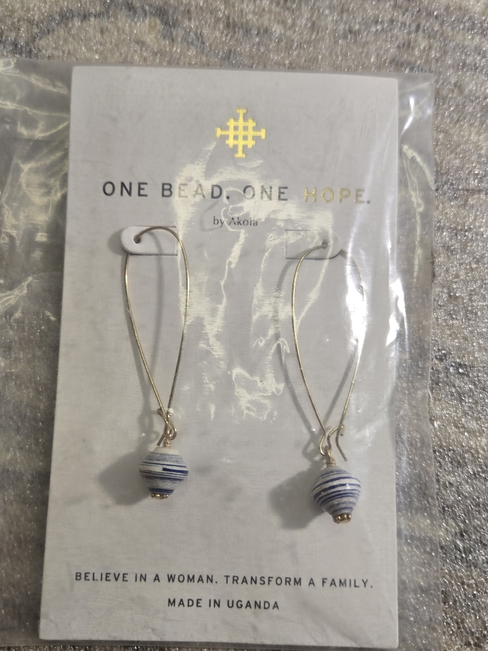 One Bead, One Hope Blue and White Paper Bead Drop Earrings by Akola